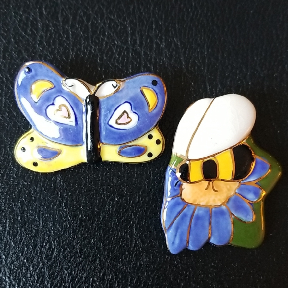 Colorful Ceramic Butterfly and Bee Brooch Set